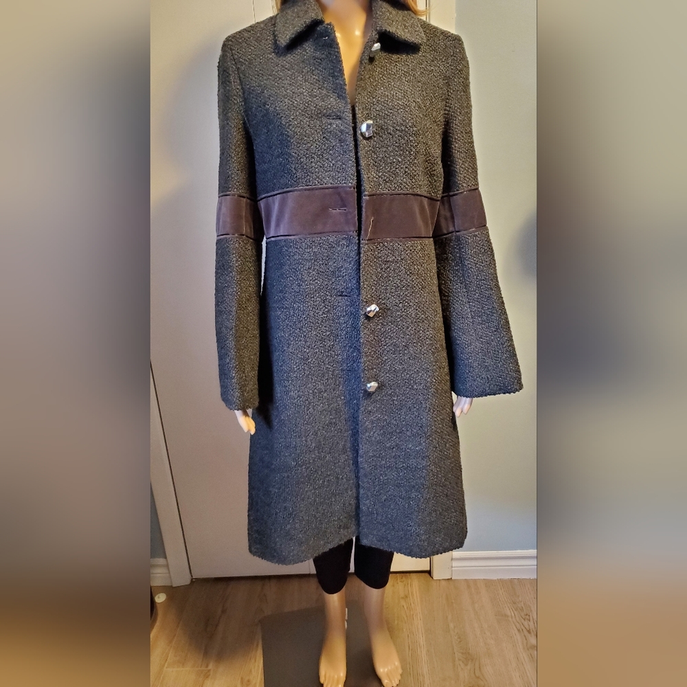 Tory Burch Wool Blend Velvet Contrast Coat Grey Nubby Chunky Silver Button -8